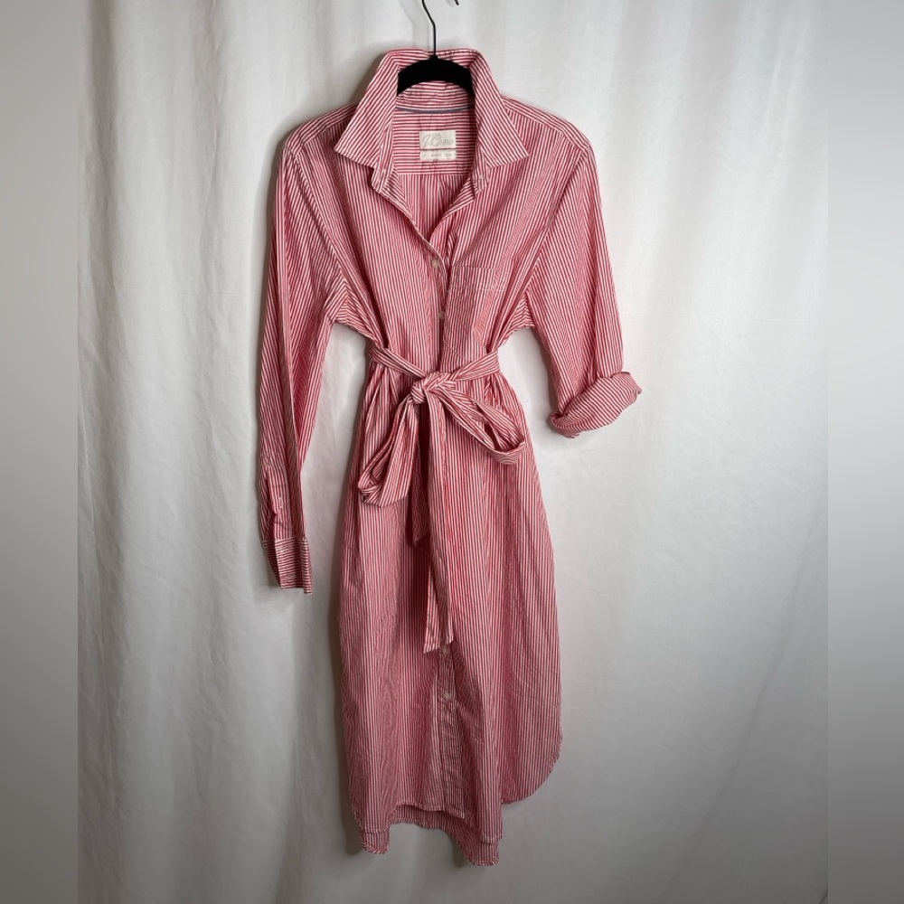 J Crew NWOT Button Front Belted Classic Shirtdress Red White Stripe Size…